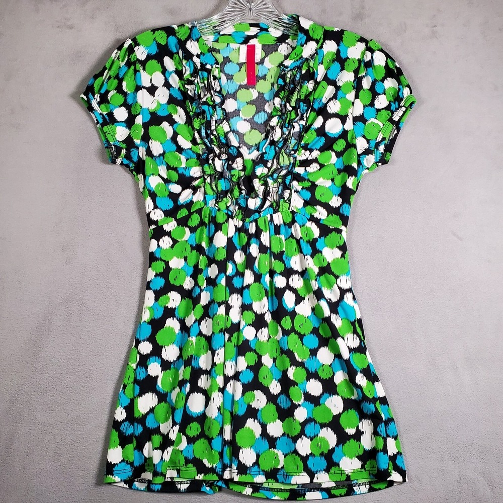 Y2K Babydoll Top Womens L Green Blue Geometric V Neck Ruffles USA Made Retro 80s